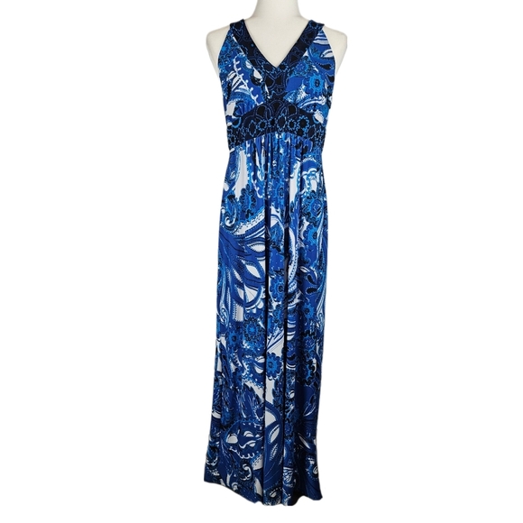 Vintage Dresses & Skirts - Vintage Beautiful Blue Pattern Maxi Dress, Women's XL